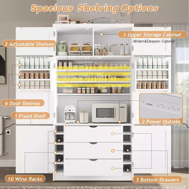 GDFStudio Hallie Large Shaker Style Kitchen Pantry with 2 Power Outlets, Adjustable and Door Shelves
