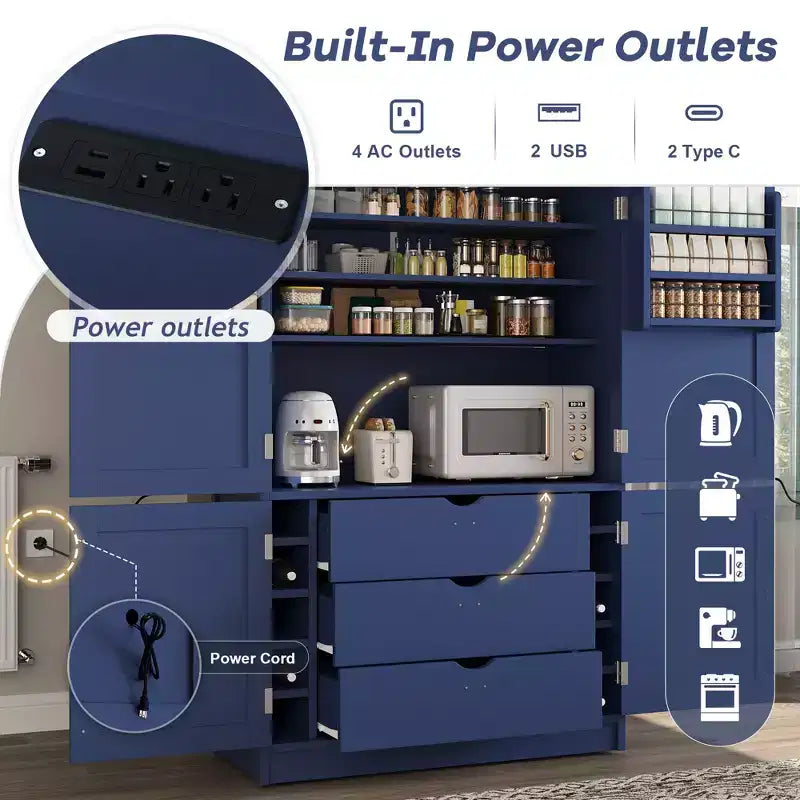 GDFStudio Hallie Large Shaker Style Kitchen Pantry with 2 Power Outlets, Adjustable and Door Shelves