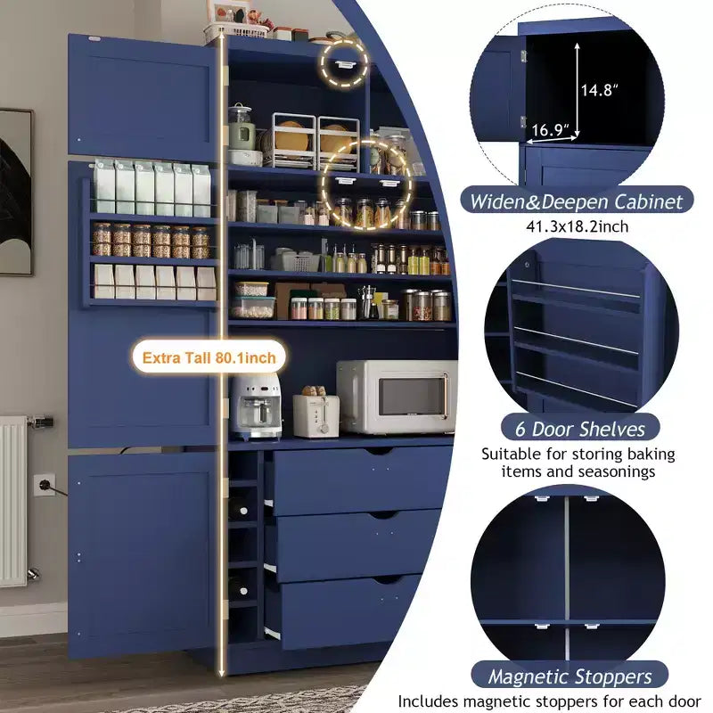 GDFStudio Hallie Large Shaker Style Kitchen Pantry with 2 Power Outlets, Adjustable and Door Shelves