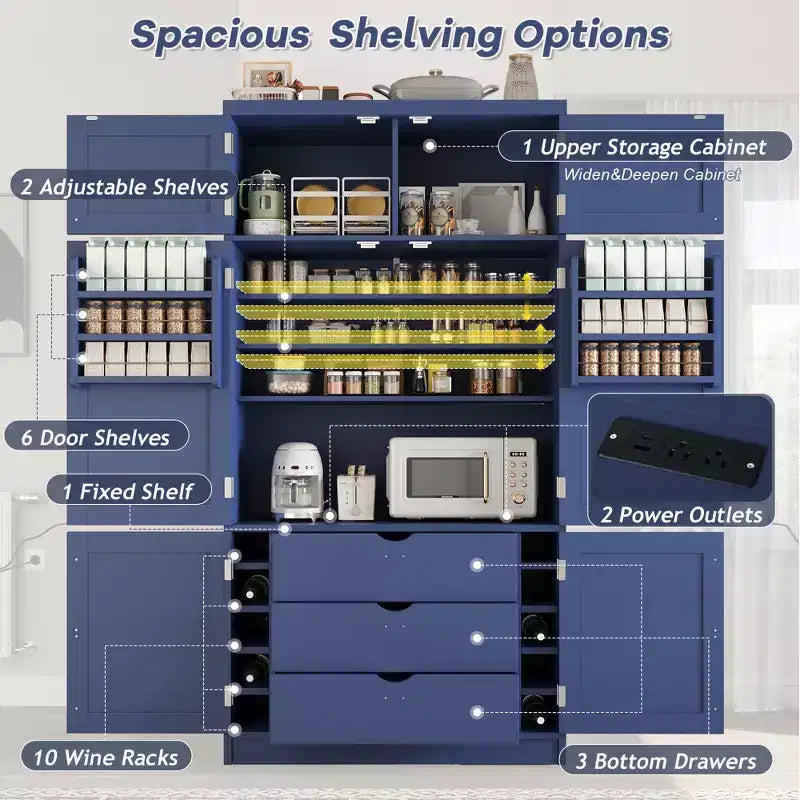 GDFStudio Hallie Large Shaker Style Kitchen Pantry with 2 Power Outlets, Adjustable and Door Shelves
