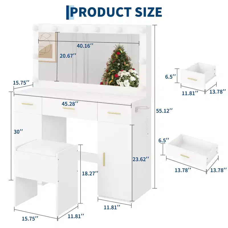 Makeup Vanity Desk with Mirror, Modern White Vanity Table with Drawers, Storage Stool, Wood Make Up Vanity Set for Bedroom Apartment