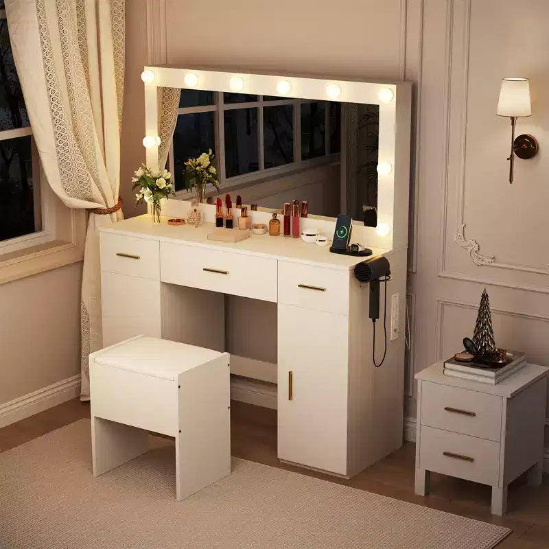 Makeup Vanity Desk with Mirror, Modern White Vanity Table with Drawers, Storage Stool, Wood Make Up Vanity Set for Bedroom Apartment
