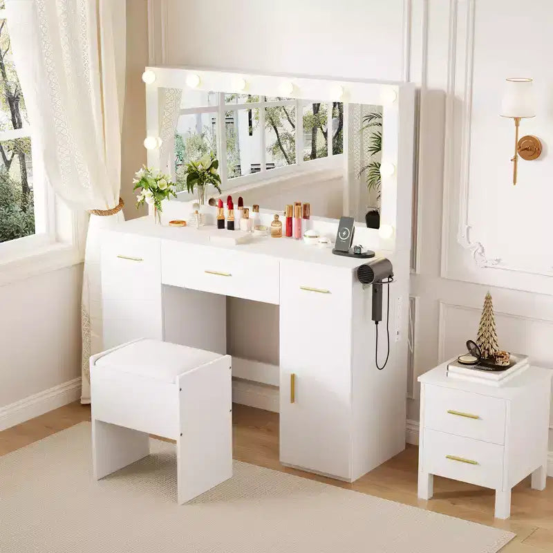 Makeup Vanity Desk with Mirror, Modern White Vanity Table with Drawers, Storage Stool, Wood Make Up Vanity Set for Bedroom Apartment