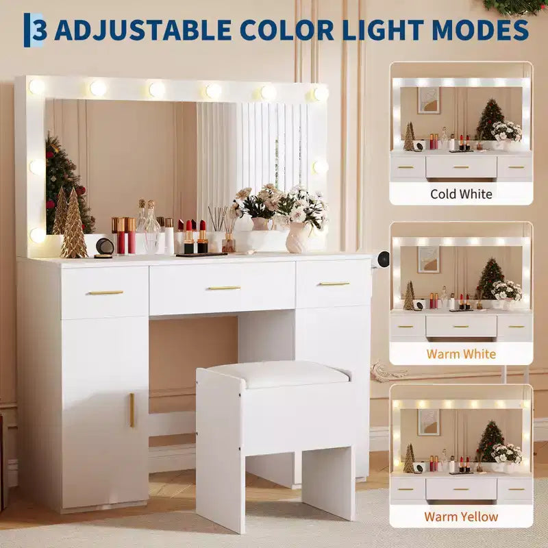 Makeup Vanity Desk with Mirror, Modern White Vanity Table with Drawers, Storage Stool, Wood Make Up Vanity Set for Bedroom Apartment