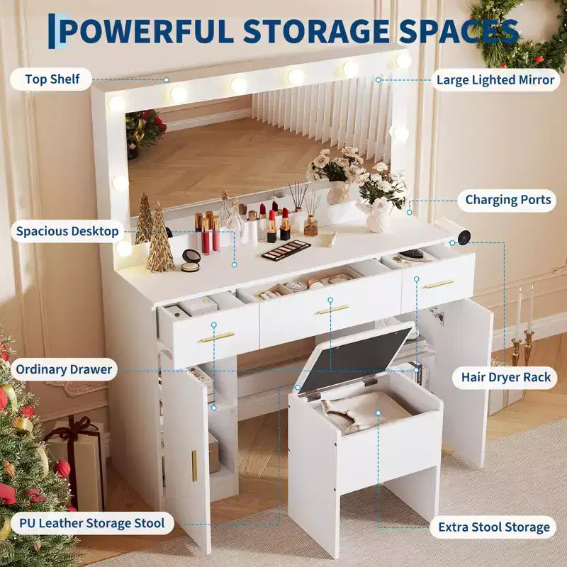 Makeup Vanity Desk with Mirror, Modern White Vanity Table with Drawers, Storage Stool, Wood Make Up Vanity Set for Bedroom Apartment