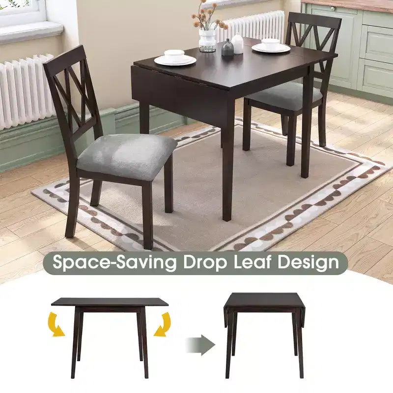 Extendable Dining Table Set with 2 Upholstered Chairs, Perfect for Compact Areas, Size Range 27.9x29.5in to 45.67x29.5in