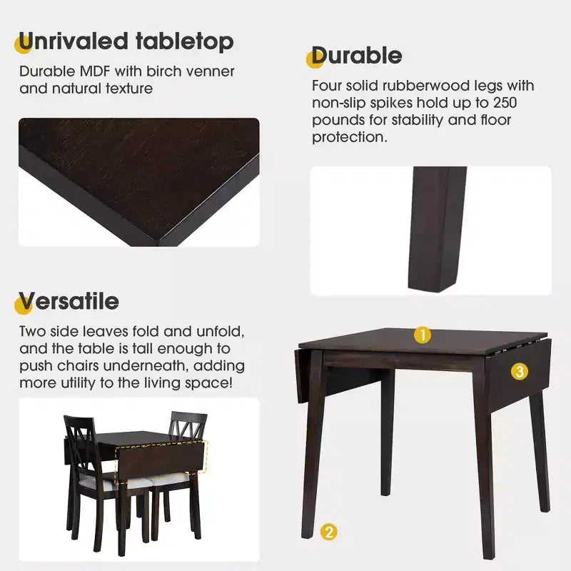 Extendable Dining Table Set with 2 Upholstered Chairs, Perfect for Compact Areas, Size Range 27.9x29.5in to 45.67x29.5in