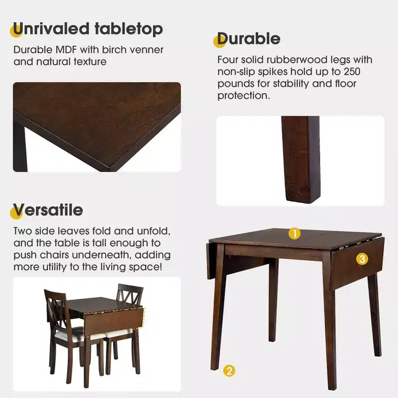Extendable Dining Table Set with 2 Upholstered Chairs, Perfect for Compact Areas, Size Range 27.9x29.5in to 45.67x29.5in