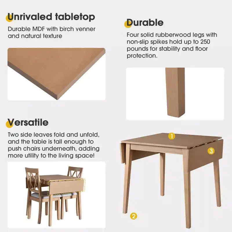 Extendable Dining Table Set with 2 Upholstered Chairs, Perfect for Compact Areas, Size Range 27.9x29.5in to 45.67x29.5in