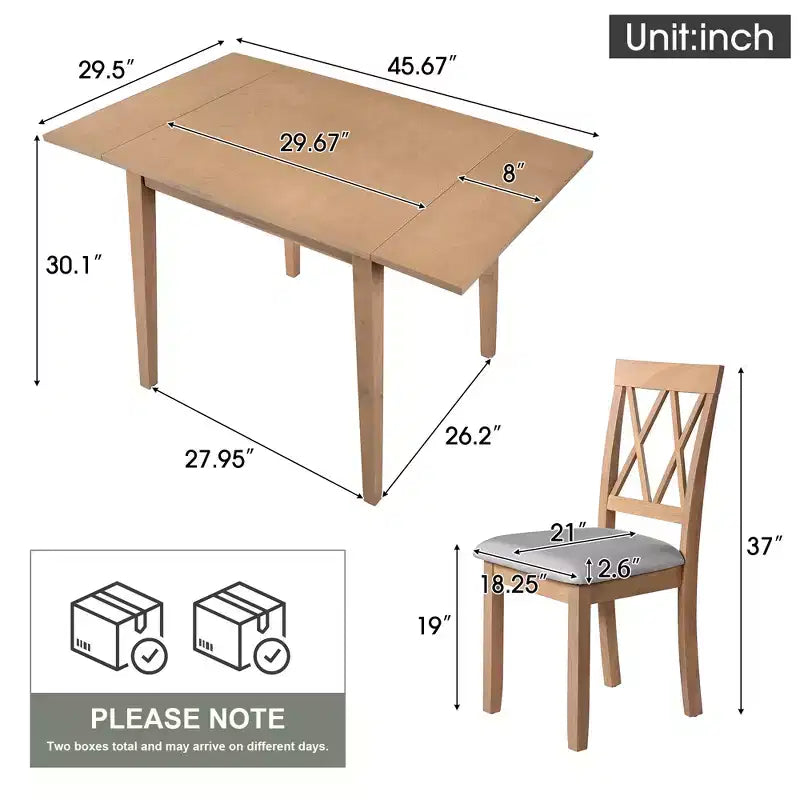 Extendable Dining Table Set with 2 Upholstered Chairs, Perfect for Compact Areas, Size Range 27.9x29.5in to 45.67x29.5in