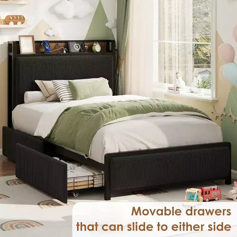 Twin-XL Size Bed Frame with Storage Headboard, Black Corduroy Upholstered Twin Platform Bedframe with Storage Drawers