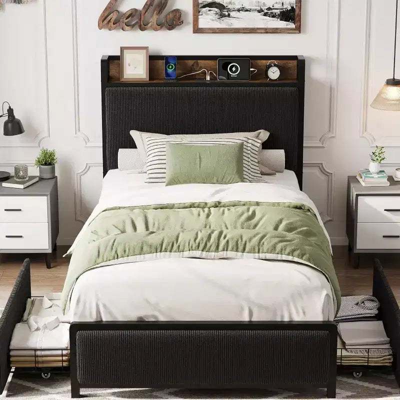 Twin-XL Size Bed Frame with Storage Headboard, Black Corduroy Upholstered Twin Platform Bedframe with Storage Drawers