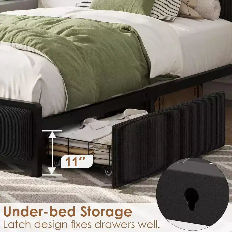 Twin-XL Size Bed Frame with Storage Headboard, Black Corduroy Upholstered Twin Platform Bedframe with Storage Drawers