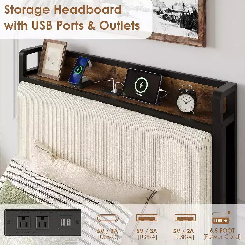 Twin-XL Size Bed Frame with Storage Headboard, Black Corduroy Upholstered Twin Platform Bedframe with Storage Drawers