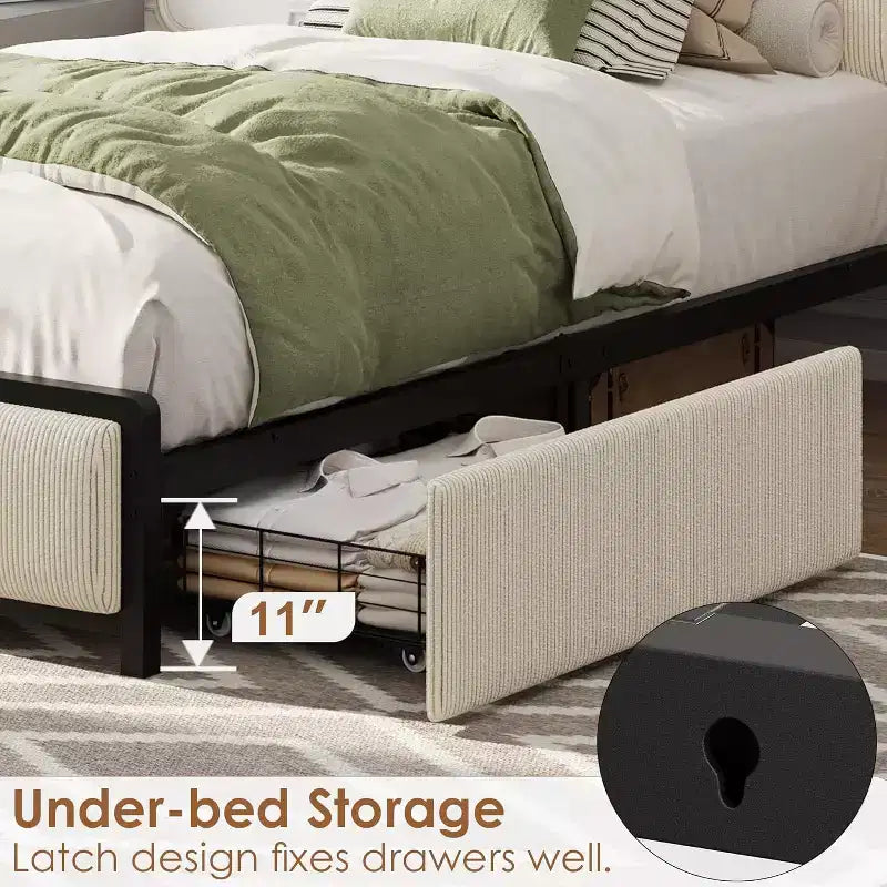 Twin-XL Size Bed Frame with Storage Headboard, Black Corduroy Upholstered Twin Platform Bedframe with Storage Drawers