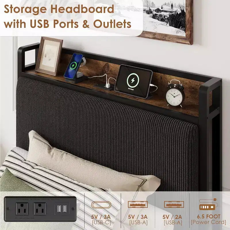 Twin-XL Size Bed Frame with Storage Headboard, Black Corduroy Upholstered Twin Platform Bedframe with Storage Drawers