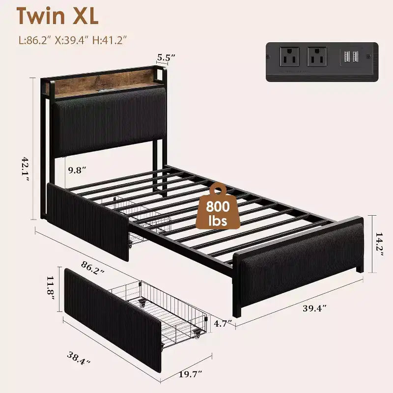 Twin-XL Size Bed Frame with Storage Headboard, Black Corduroy Upholstered Twin Platform Bedframe with Storage Drawers