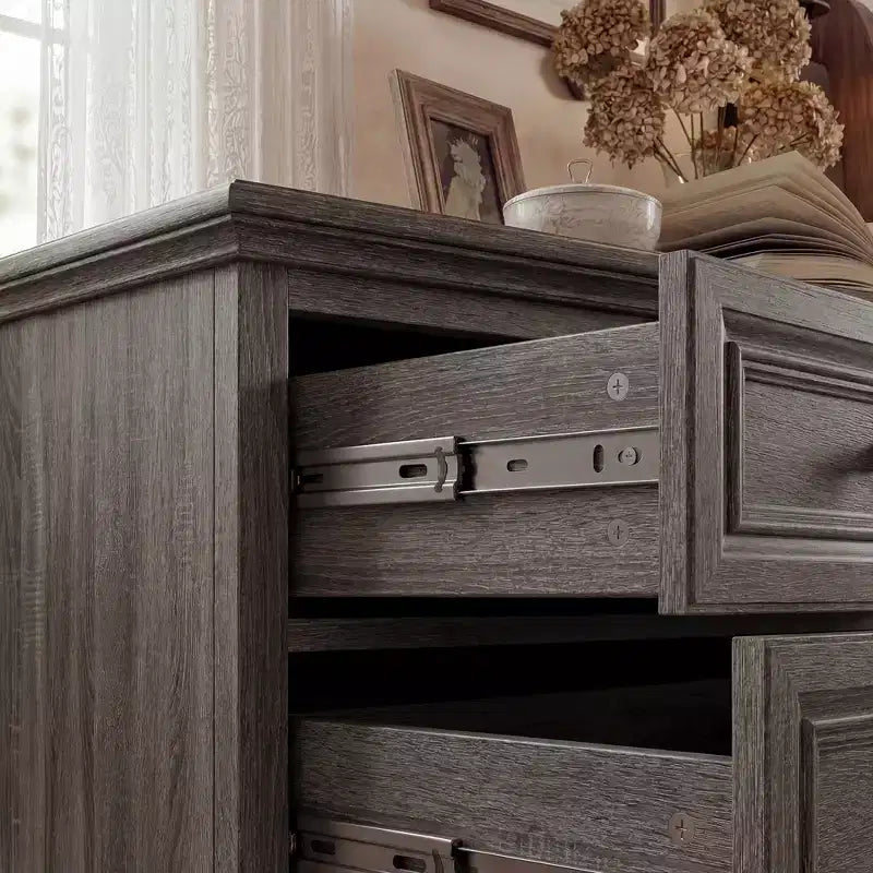 Famapy Farmhouse Nightstand Bedside Table 5-Drawer Chest Dresser with Antique Bronze Knobs,for Bedroom Storage Distressed Chest of Drawers