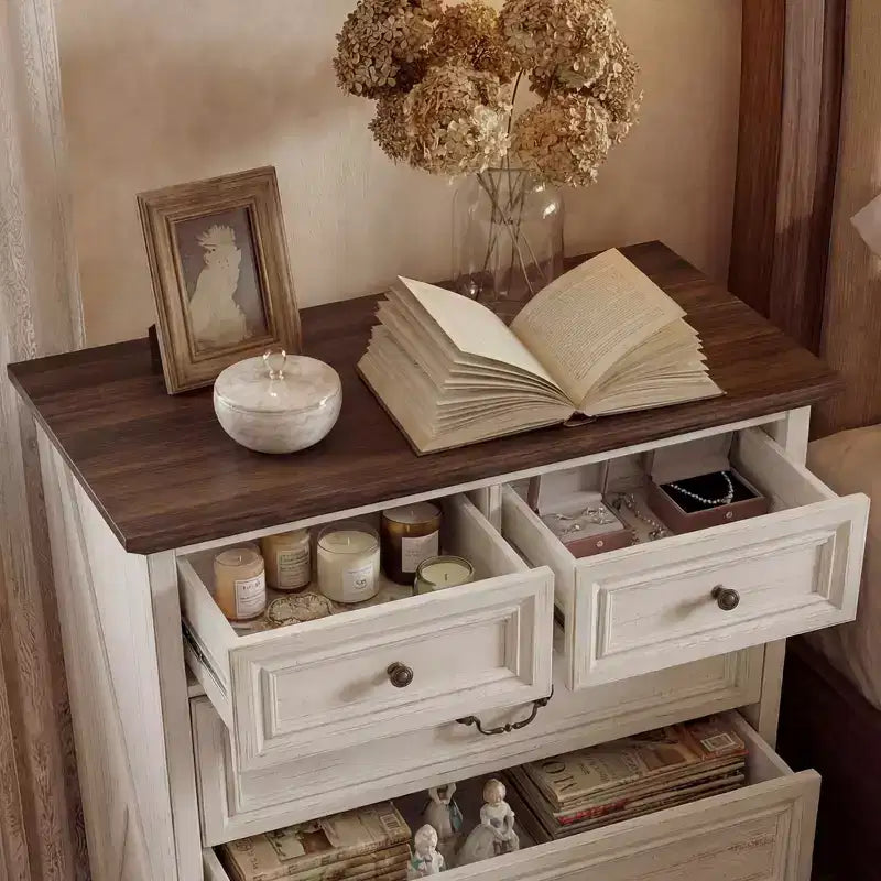 Famapy Farmhouse Nightstand Bedside Table 5-Drawer Chest Dresser with Antique Bronze Knobs,for Bedroom Storage Distressed Chest of Drawers