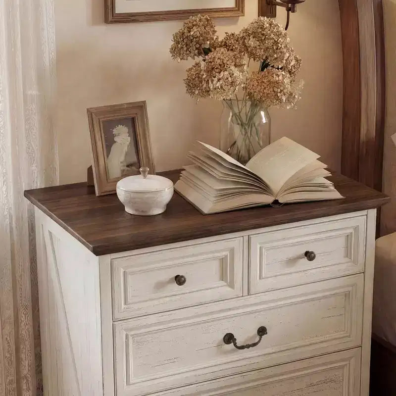 Famapy Farmhouse Nightstand Bedside Table 5-Drawer Chest Dresser with Antique Bronze Knobs,for Bedroom Storage Distressed Chest of Drawers