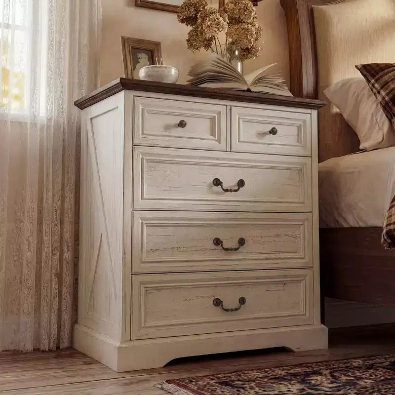 Famapy Farmhouse Nightstand Bedside Table 5-Drawer Chest Dresser with Antique Bronze Knobs,for Bedroom Storage Distressed Chest of Drawers