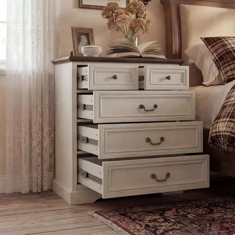 Famapy Farmhouse Nightstand Bedside Table 5-Drawer Chest Dresser with Antique Bronze Knobs,for Bedroom Storage Distressed Chest of Drawers