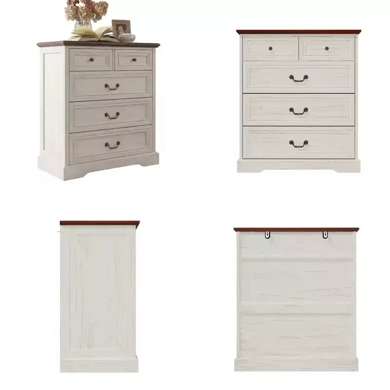 Famapy Farmhouse Nightstand Bedside Table 5-Drawer Chest Dresser with Antique Bronze Knobs,for Bedroom Storage Distressed Chest of Drawers