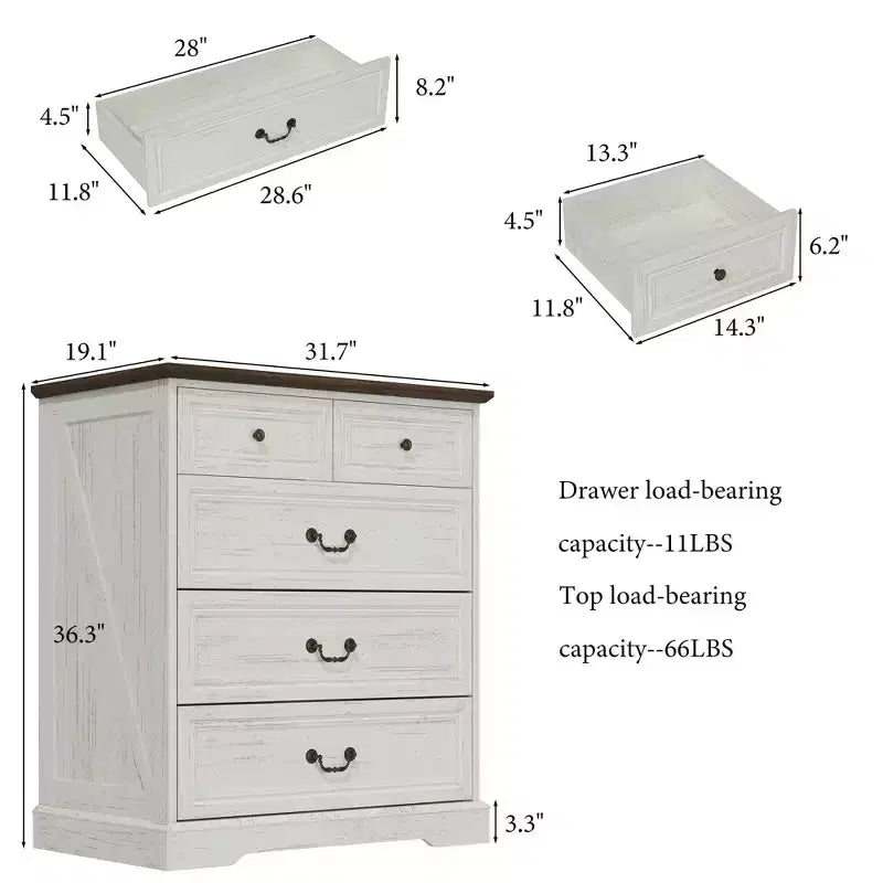 Famapy Farmhouse Nightstand Bedside Table 5-Drawer Chest Dresser with Antique Bronze Knobs,for Bedroom Storage Distressed Chest of Drawers