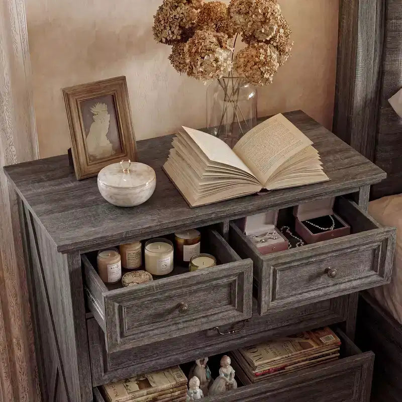 Famapy Farmhouse Nightstand Bedside Table 5-Drawer Chest Dresser with Antique Bronze Knobs,for Bedroom Storage Distressed Chest of Drawers