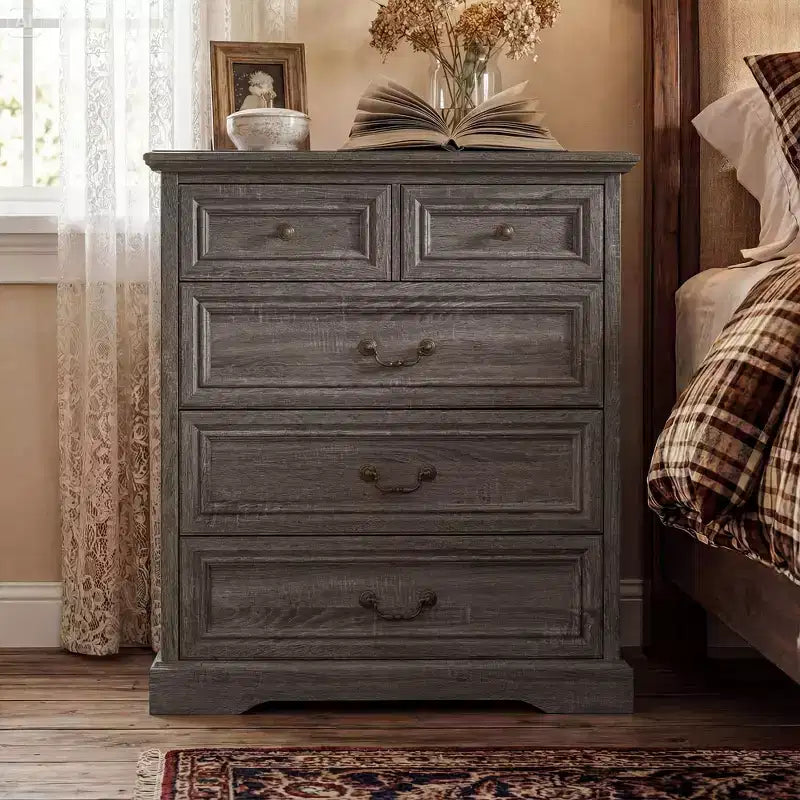 Famapy Farmhouse Nightstand Bedside Table 5-Drawer Chest Dresser with Antique Bronze Knobs,for Bedroom Storage Distressed Chest of Drawers