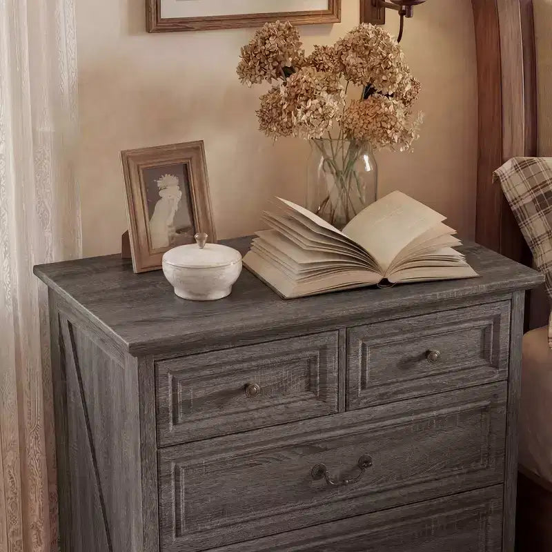 Famapy Farmhouse Nightstand Bedside Table 5-Drawer Chest Dresser with Antique Bronze Knobs,for Bedroom Storage Distressed Chest of Drawers