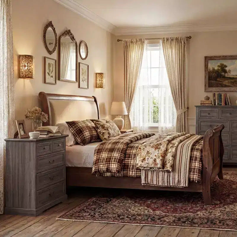 Famapy Farmhouse Nightstand Bedside Table 5-Drawer Chest Dresser with Antique Bronze Knobs,for Bedroom Storage Distressed Chest of Drawers
