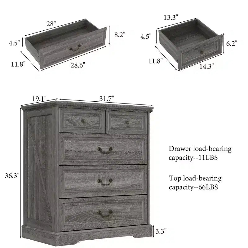 Famapy Farmhouse Nightstand Bedside Table 5-Drawer Chest Dresser with Antique Bronze Knobs,for Bedroom Storage Distressed Chest of Drawers