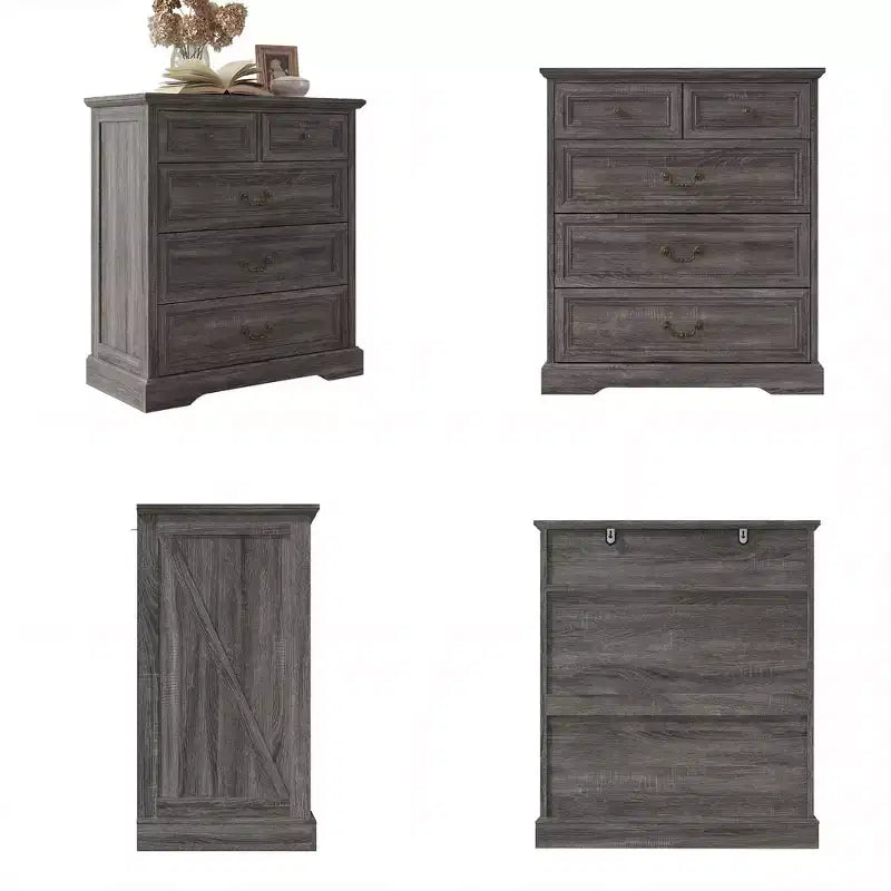 Famapy Farmhouse Nightstand Bedside Table 5-Drawer Chest Dresser with Antique Bronze Knobs,for Bedroom Storage Distressed Chest of Drawers