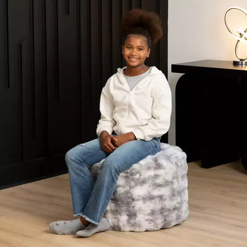 Raven Round Ottoman Accent Pouf by Raven-Symon Home - Faux Fur