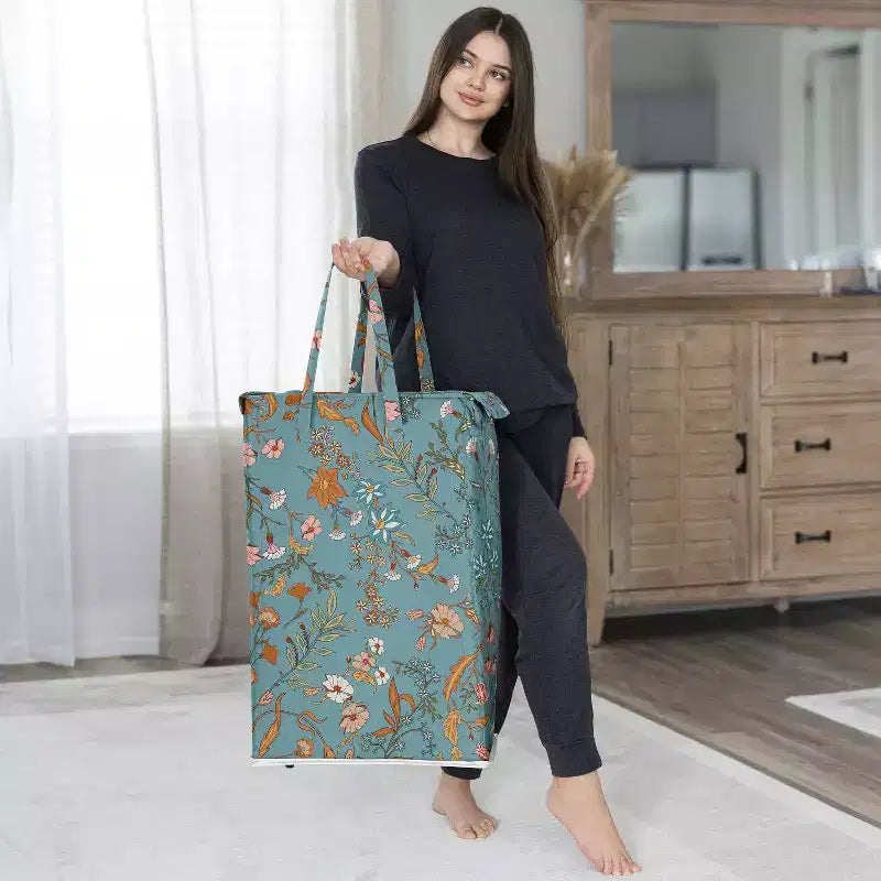 Sweet Jojo Designs Panier à linge pliable pour fille avec poignées Fleurs sauvages bohèmes bleues, oranges et roses