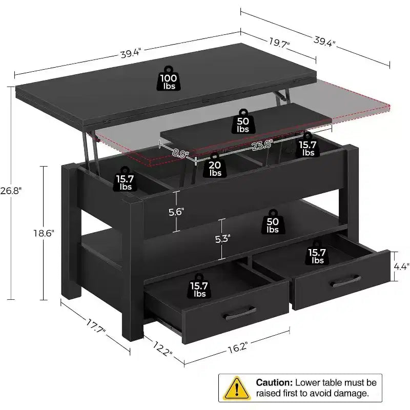 39.4in Split Lift-Top Coffee Table with 2 Drawers, Converts to Dining Table, Modern Industrial Center Table for Living Room Office
