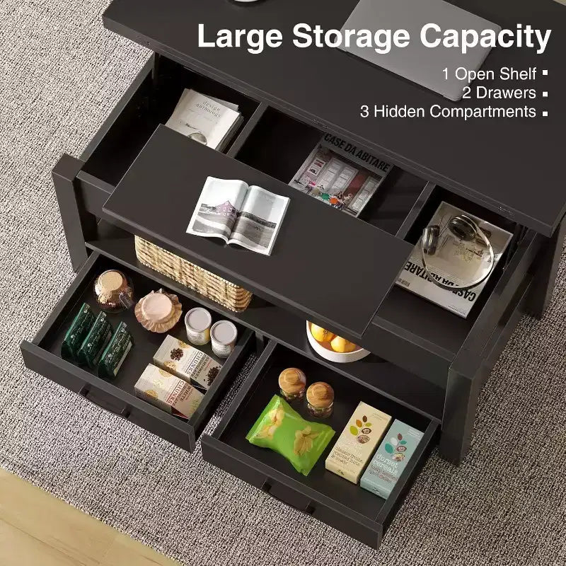 39.4in Split Lift-Top Coffee Table with 2 Drawers, Converts to Dining Table, Modern Industrial Center Table for Living Room Office