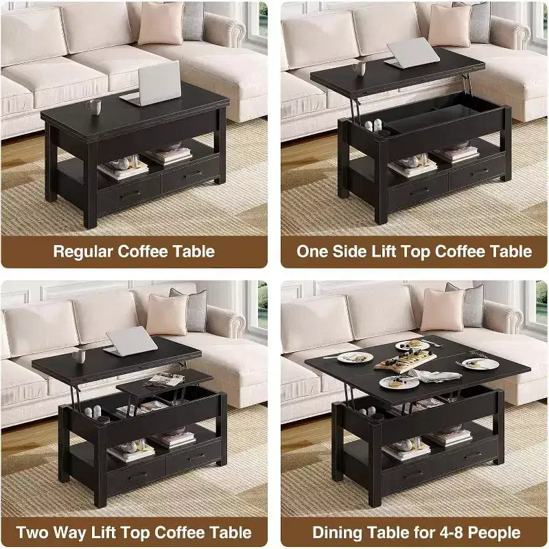 39.4in Split Lift-Top Coffee Table with 2 Drawers, Converts to Dining Table, Modern Industrial Center Table for Living Room Office