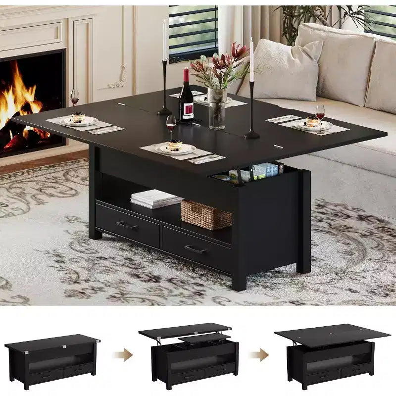 39.4in Split Lift-Top Coffee Table with 2 Drawers, Converts to Dining Table, Modern Industrial Center Table for Living Room Office