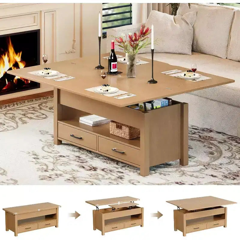 39.4in Split Lift-Top Coffee Table with 2 Drawers, Converts to Dining Table, Modern Industrial Center Table for Living Room Office
