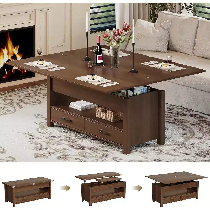 39.4in Split Lift-Top Coffee Table with 2 Drawers, Converts to Dining Table, Modern Industrial Center Table for Living Room Office