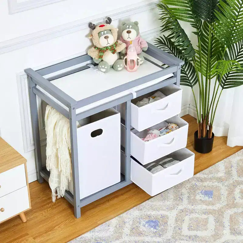 Commode à langer moderne pour bébé avec 3 tiroirs et panier à linge, meuble de chambre d'enfant