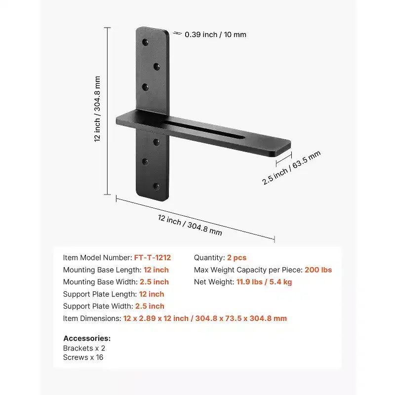 Équerres de tablette en T VEVOR, 2 pcs, Capacité de charge de 90 kg (200 lbs), 304,8x73,5x304,8 mm (12x2,89x12 po), Équerres en acier massif robustes pour tablettes, Noir