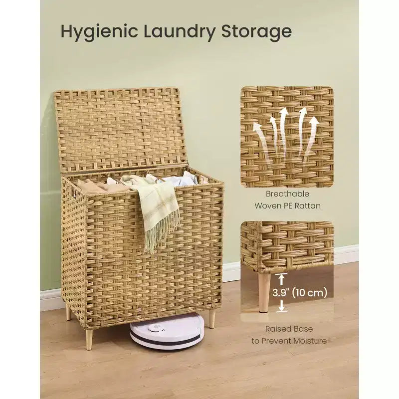 Corbeille à linge SONGMICS avec couvercle, panier à linge en rotin PE avec sac de doublure amovible, panier de rangement, trieur à 3 sections, 160 L