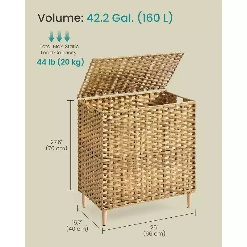 Corbeille à linge SONGMICS avec couvercle, panier à linge en rotin PE avec sac de doublure amovible, panier de rangement, trieur à 3 sections, 160 L