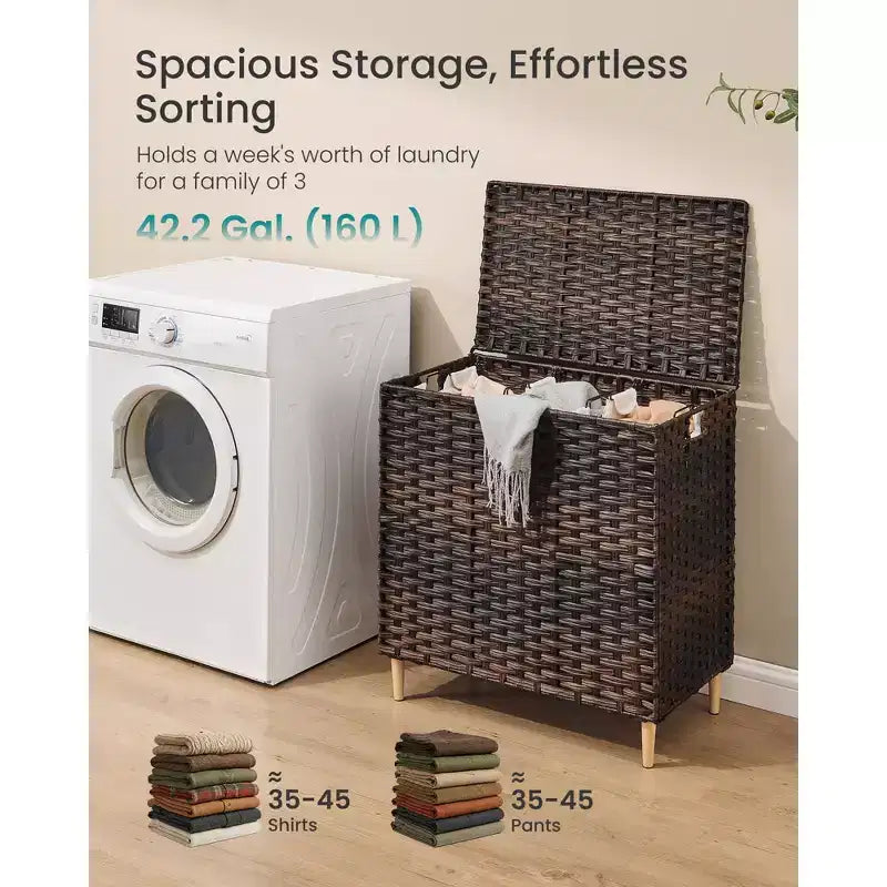 Corbeille à linge SONGMICS avec couvercle, panier à linge en rotin PE avec sac de doublure amovible, panier de rangement, trieur à 3 sections, 160 L