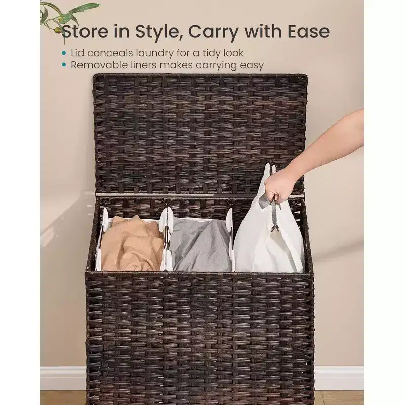 Corbeille à linge SONGMICS avec couvercle, panier à linge en rotin PE avec sac de doublure amovible, panier de rangement, trieur à 3 sections, 160 L