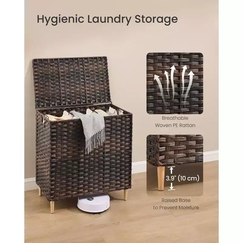 Corbeille à linge SONGMICS avec couvercle, panier à linge en rotin PE avec sac de doublure amovible, panier de rangement, trieur à 3 sections, 160 L
