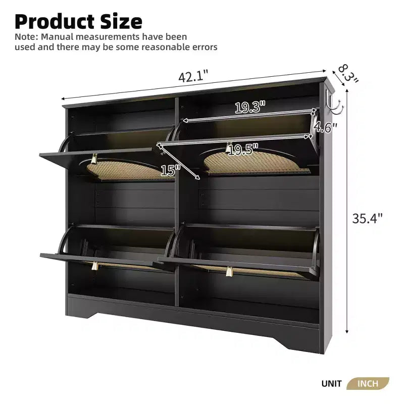 JVNOXK Mid-Century Narrow Shoe Cabinet with 4 Flip Drawers Rattan Doors, Tipping Bucket Shoe Organizer with 2 Hooks for Entryway Hallway Black